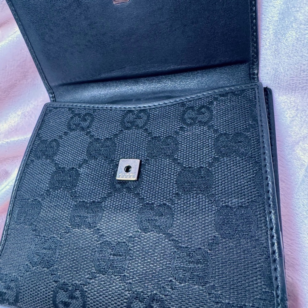 Gucci GG Canvas Black Trifold Wallet Vintage Silver Logo Plate Made in Italy - Picture 5 of 12